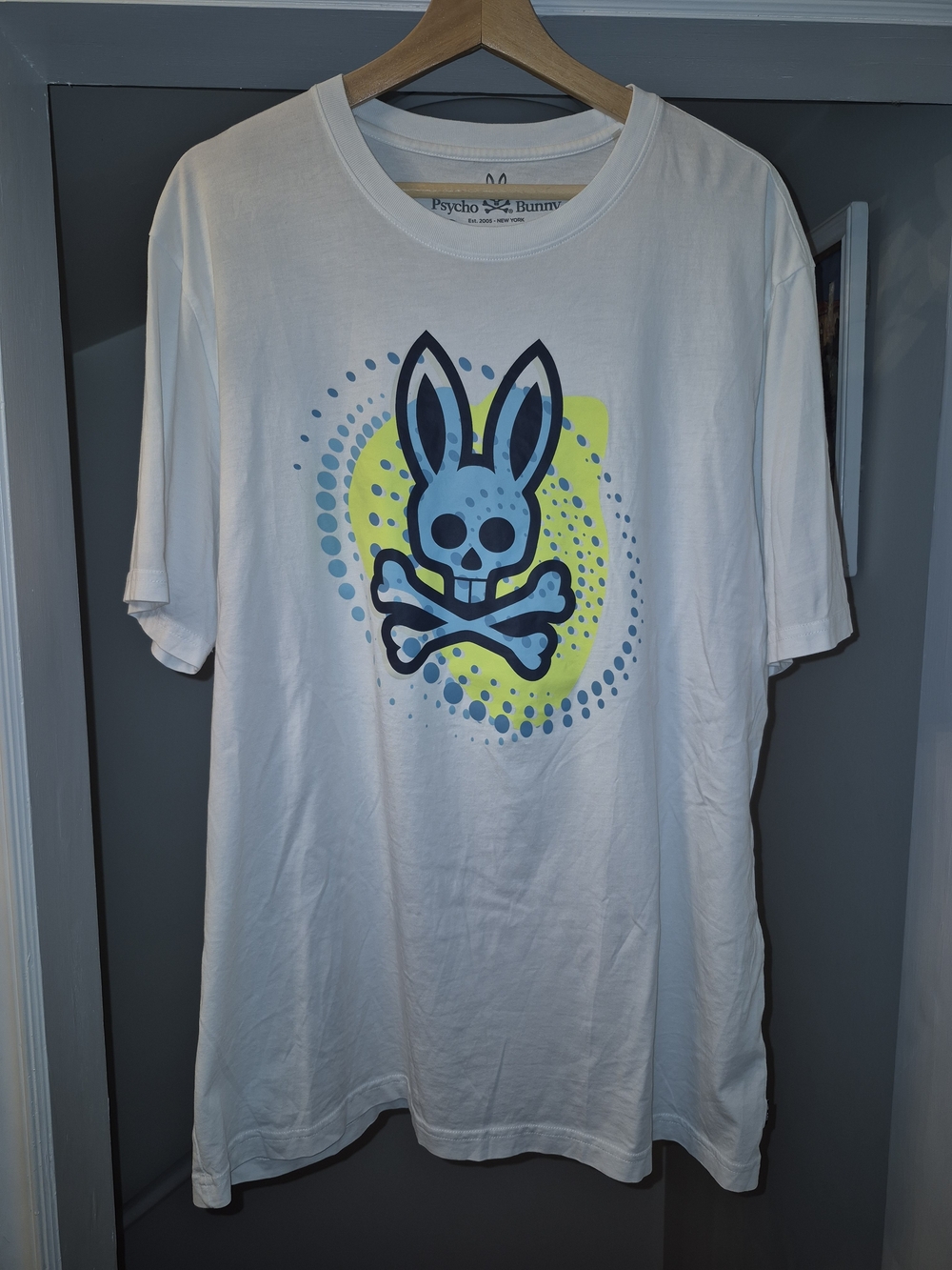 Psycho Bunny White Tee with Blue & Neon Yellow Bunny Skull Graphic